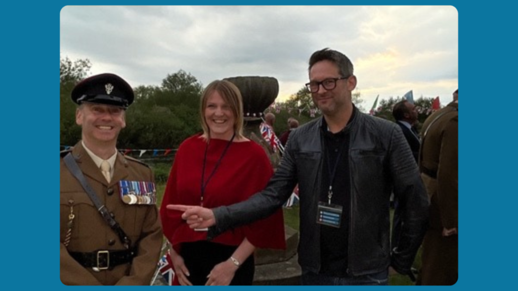 Major Sean Leach, Emma Allen and James Thornton at the VE Day Celebrations.